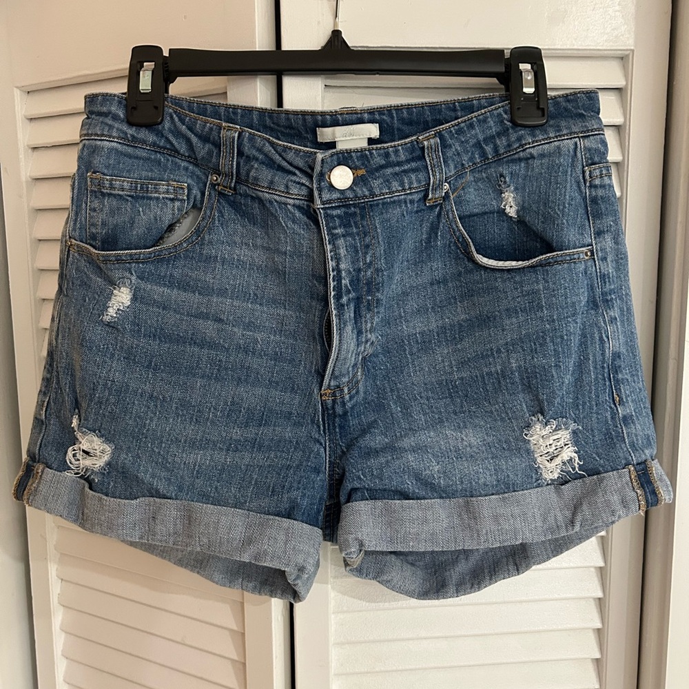 H&M Distressed Rolled Hem Denim Shorts - Blue